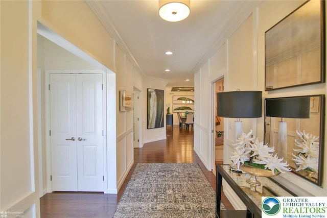 3420 Gentlewind Way Unit Ic 110, Emmaus Borough, PA 18049 - hallway featuring dark wood-style flooring, ornamental molding, and recessed lighting
