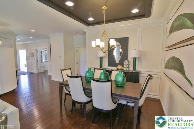 3420 Gentlewind Way Unit Ic 110, Emmaus Borough, PA 18049 - dining space featuring a chandelier, dark wood-style floors, crown molding, and recessed lighting