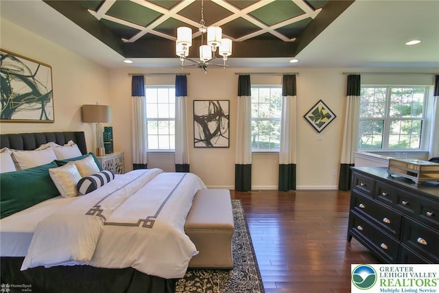 3420 Gentlewind Way Unit Ic 110, Emmaus Borough, PA 18049 - bedroom with coffered ceiling, dark wood-type flooring, a chandelier, baseboards, and recessed lighting