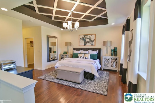 3420 Gentlewind Way Unit Ic 110, Emmaus Borough, PA 18049 - bedroom with coffered ceiling, dark wood-style floors, a chandelier, recessed lighting, and baseboards