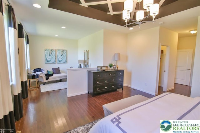 3420 Gentlewind Way Unit Ic 110, Emmaus Borough, PA 18049 - bedroom with coffered ceiling, dark wood-style flooring, recessed lighting, a chandelier, and beam ceiling