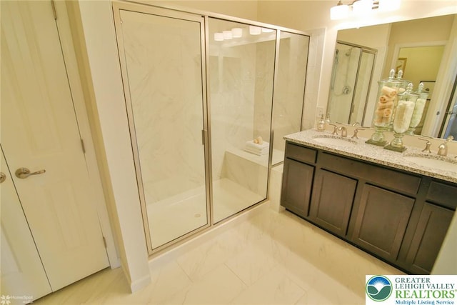 3420 Gentlewind Way Unit Ic 110, Emmaus Borough, PA 18049 - full bath with a shower stall, marble look tile flooring, and double vanity