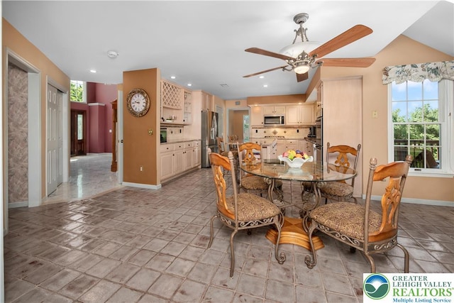 1224 Highland Dr, Upper Macungie Twp, PA 18069 - dining area featuring ceiling fan, healthy amount of natural light, baseboards, recessed lighting, and lofted ceiling