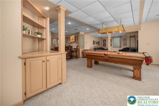 1224 Highland Dr, Upper Macungie Twp, PA 18069 - playroom with billiards, light carpet, a bar, and a paneled ceiling