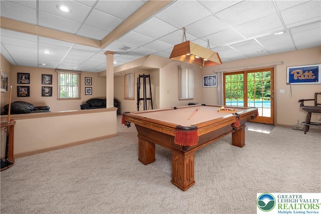 1224 Highland Dr, Upper Macungie Twp, PA 18069 - rec room featuring carpet flooring, a drop ceiling, plenty of natural light, recessed lighting, and baseboards