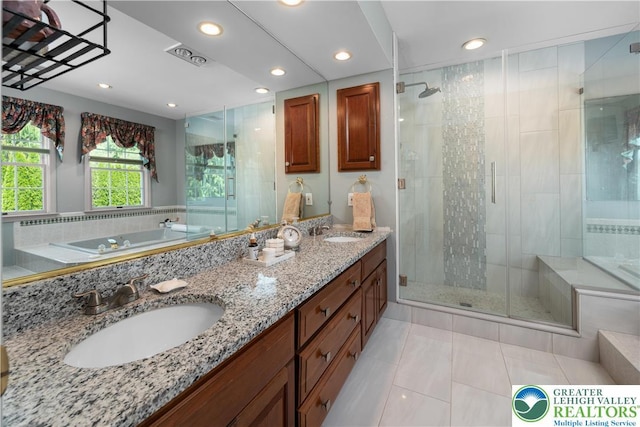 1224 Highland Dr, Upper Macungie Twp, PA 18069 - bathroom with a shower stall, a garden tub, double vanity, recessed lighting, and tile patterned flooring