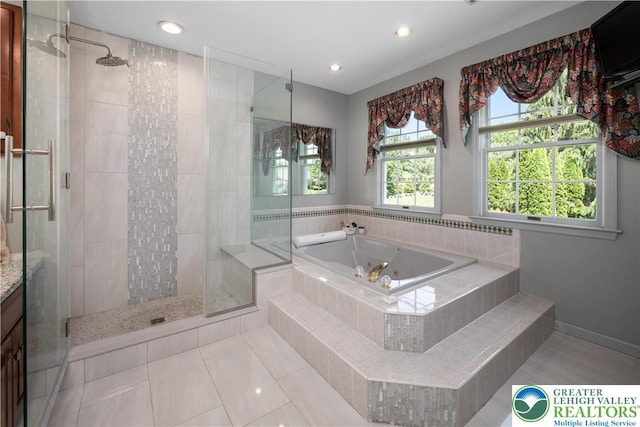 1224 Highland Dr, Upper Macungie Twp, PA 18069 - full bathroom featuring a stall shower, a whirlpool tub, tile patterned flooring, recessed lighting, and vanity
