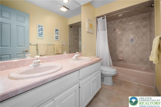 1224 Highland Dr, Upper Macungie Twp, PA 18069 - bathroom with tile patterned flooring, double vanity, toilet, and shower / bathtub combination with curtain