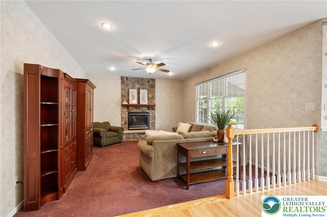 168 Forsythia Ln, Upper Macungie Twp, PA 18104 - living area with a ceiling fan, a fireplace, and recessed lighting