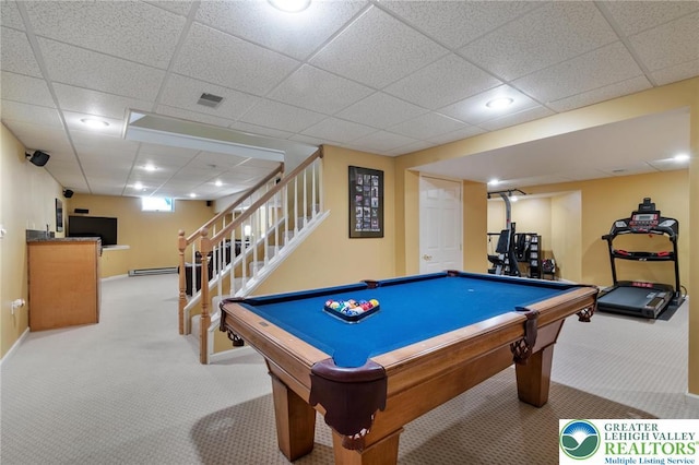 168 Forsythia Ln, Upper Macungie Twp, PA 18104 - recreation room featuring carpet flooring, a drop ceiling, a baseboard radiator, baseboards, and billiards table