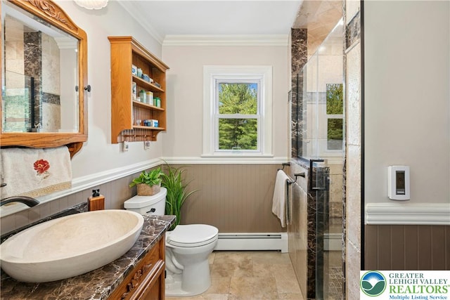 3139 Wilson Ave, Bethlehem Twp, PA 18020 - full bathroom featuring a baseboard heating unit, a wainscoted wall, vanity, a stall shower, and toilet