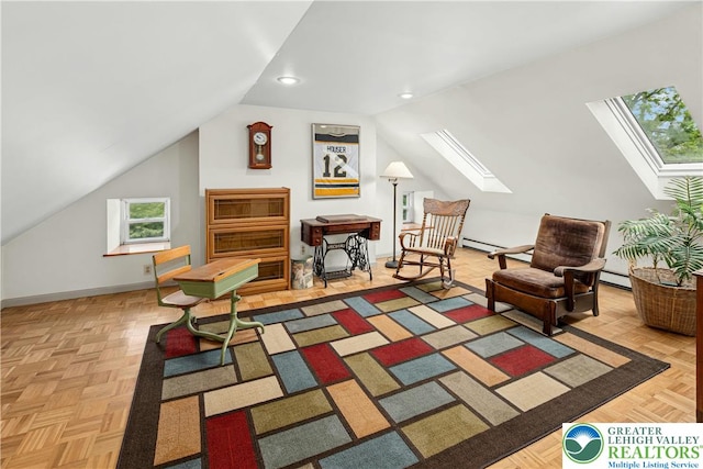 3139 Wilson Ave, Bethlehem Twp, PA 18020 - sitting room featuring a skylight, vaulted ceiling, a baseboard heating unit, recessed lighting, and baseboards