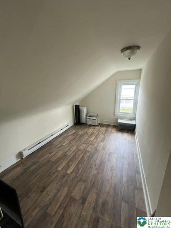 416 White St, Bowmanstown Borough, PA 18071 - bonus room featuring baseboard heating, lofted ceiling, dark wood-type flooring, and baseboards