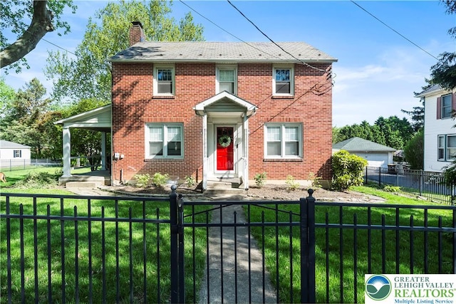 631 Main St, Tatamy Borough, PA 18085 - colonial inspired home with brick siding and a chimney
