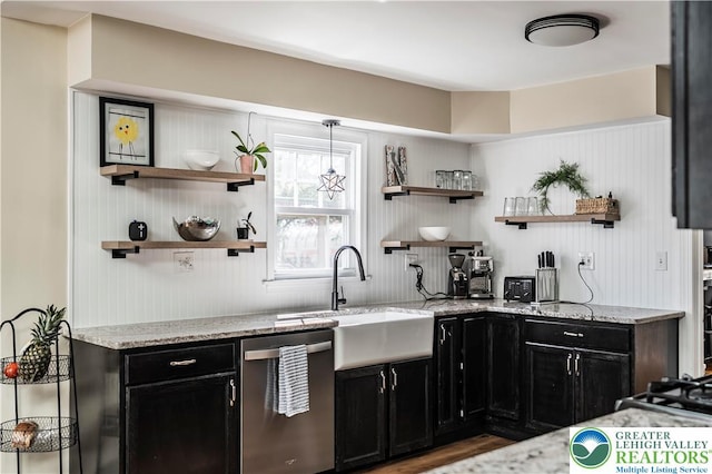 631 Main St, Tatamy Borough, PA 18085 - kitchen with dishwasher, dark cabinets, open shelves, and light stone counters