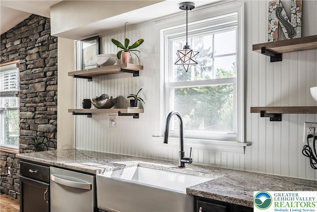 631 Main St, Tatamy Borough, PA 18085 - kitchen with open shelves, a sink, stainless steel dishwasher, and light stone countertops