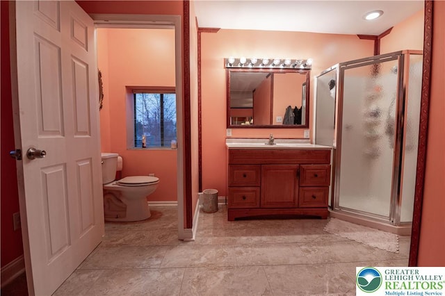2107 3rd St, Bethlehem Twp, PA 18020 - bathroom featuring a shower stall, toilet, vanity, and baseboards