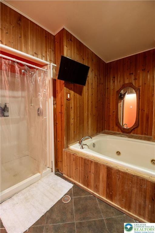 2107 3rd St, Bethlehem Twp, PA 18020 - full bath featuring wooden walls, a tub with jets, tile patterned floors, a stall shower, and crown molding
