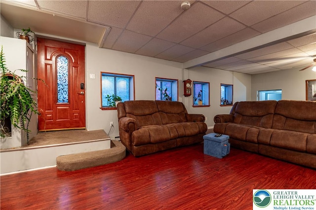 2107 3rd St, Bethlehem Twp, PA 18020 - living room with a paneled ceiling, wood finished floors, ceiling fan, baseboards, and a baseboard radiator