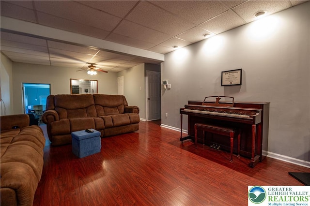2107 3rd St, Bethlehem Twp, PA 18020 - living room with a paneled ceiling, a ceiling fan, wood finished floors, and baseboards