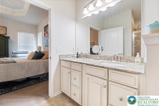 2585 Raya Way, Bethlehem Twp, PA 18045 - ensuite bathroom with double vanity, an enclosed shower, and crown molding