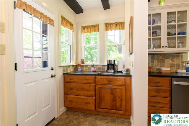 215 S 22nd St, Allentown City, PA 18104 - bar area with stainless steel dishwasher, tasteful backsplash, and beam ceiling