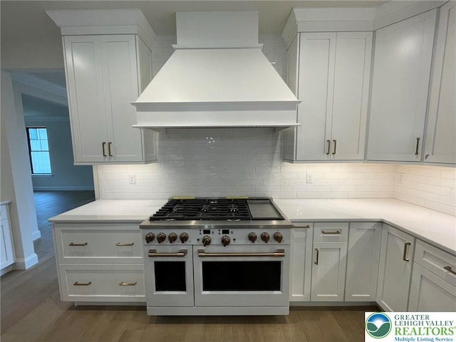 Blue Barn Rd Unit 1456, Upper Macungie Twp, PA 18104 - kitchen with double oven range, premium range hood, wood finished floors, and light countertops