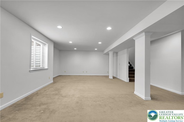 8604 Cascade Rd, Upper Macungie Twp, PA 18031 - basement with light carpet, recessed lighting, stairway, and baseboards