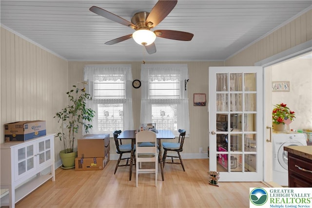 622 Scholl Ave, Salisbury Twp, PA 18015 - dining area with washer / clothes dryer, wood finished floors, a ceiling fan, and crown molding