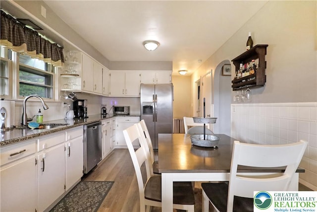 613 S Hoffert St, Fountain Hill Boro, PA 18015 - kitchen featuring appliances with stainless steel finishes, a sink, open shelves, white cabinets, and light wood-type flooring