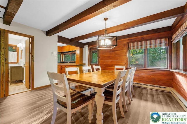 160 Camelback Rd, Pocono Twp, PA 18372 - dining room featuring a baseboard heating unit, wood finished floors, beamed ceiling, wood walls, and a chandelier