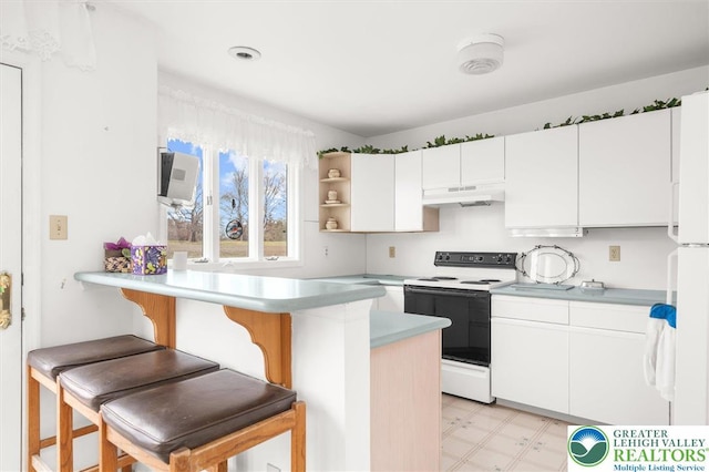 275 Ridings Cir, Macungie Borough, PA 18062 - kitchen featuring range with electric cooktop, under cabinet range hood, a breakfast bar area, light floors, and white cabinets