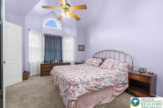 275 Ridings Cir, Macungie Borough, PA 18062 - carpeted bedroom with high vaulted ceiling and a ceiling fan