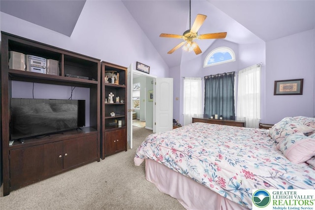 275 Ridings Cir, Macungie Borough, PA 18062 - carpeted bedroom featuring high vaulted ceiling and a ceiling fan