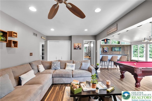 5401 Hale Ave, Hanover Twp, PA 18017 - living room featuring a ceiling fan, wood finished floors, billiards, and recessed lighting