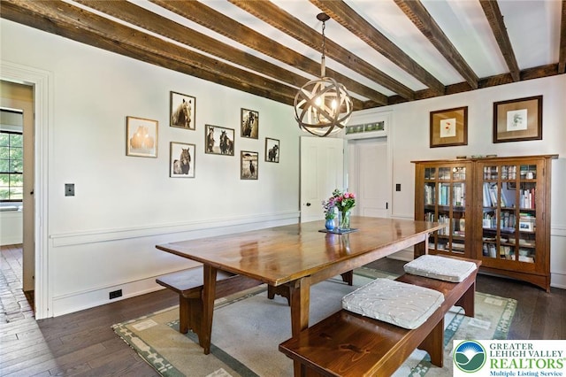 408 Kintner Hill Rd, Nockamixon Twp, PA 18972 - dining space with beamed ceiling, a chandelier, dark wood-style flooring, and baseboards