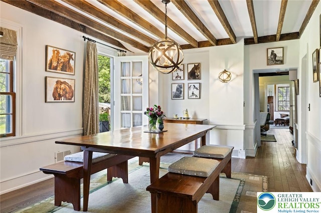408 Kintner Hill Rd, Nockamixon Twp, PA 18972 - dining area with beamed ceiling, dark wood-type flooring, a chandelier, and baseboards