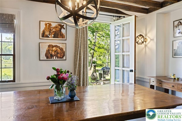 408 Kintner Hill Rd, Nockamixon Twp, PA 18972 - dining room with beam ceiling and a chandelier