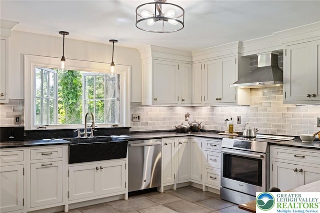 408 Kintner Hill Rd, Nockamixon Twp, PA 18972 - kitchen with wall chimney exhaust hood, appliances with stainless steel finishes, a sink, and dark countertops