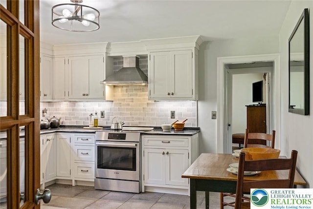 408 Kintner Hill Rd, Nockamixon Twp, PA 18972 - kitchen featuring electric range, wall chimney exhaust hood, dark countertops, and tasteful backsplash