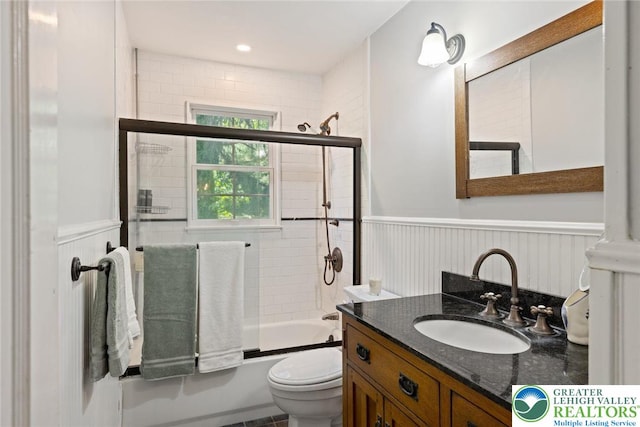 408 Kintner Hill Rd, Nockamixon Twp, PA 18972 - bathroom featuring toilet, wainscoting, enclosed tub / shower combo, and vanity