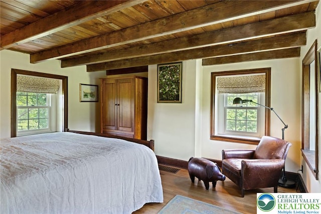 408 Kintner Hill Rd, Nockamixon Twp, PA 18972 - bedroom with wood ceiling with exposed beams, baseboards, and wood finished floors
