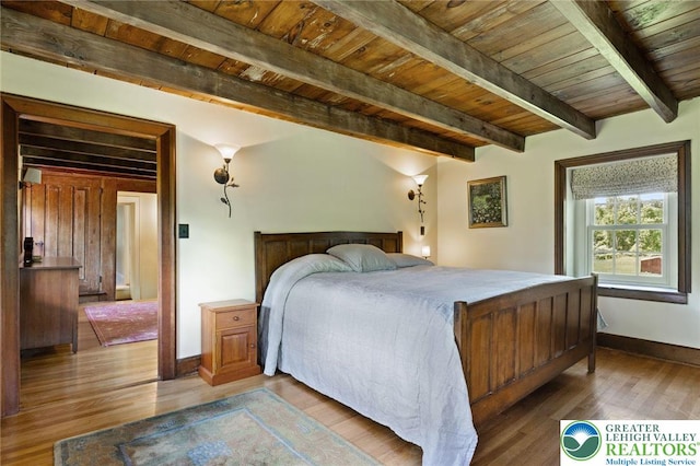 408 Kintner Hill Rd, Nockamixon Twp, PA 18972 - bedroom with wood ceiling with exposed beams, wood finished floors, and baseboards