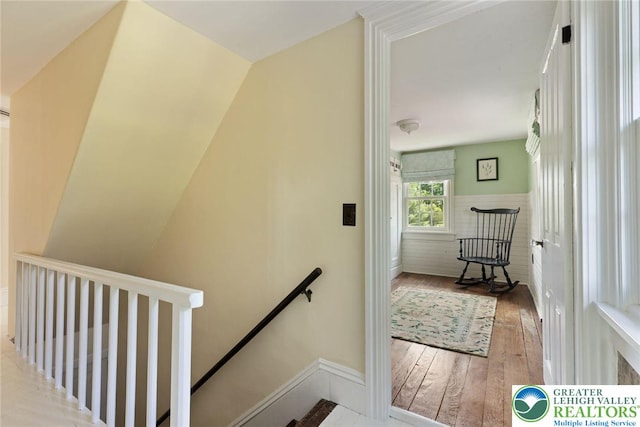 408 Kintner Hill Rd, Nockamixon Twp, PA 18972 - staircase featuring hardwood / wood-style floors, wainscoting, and baseboards