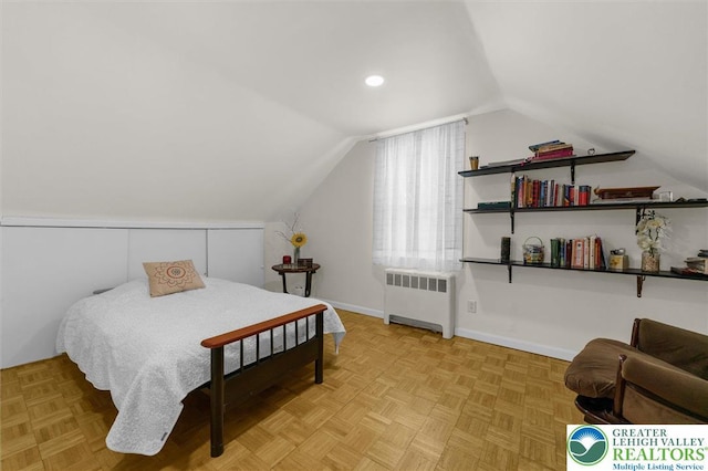 3079 Eldridge Ave, Palmer Twp, PA 18045 - bedroom with radiator, vaulted ceiling, baseboards, and recessed lighting