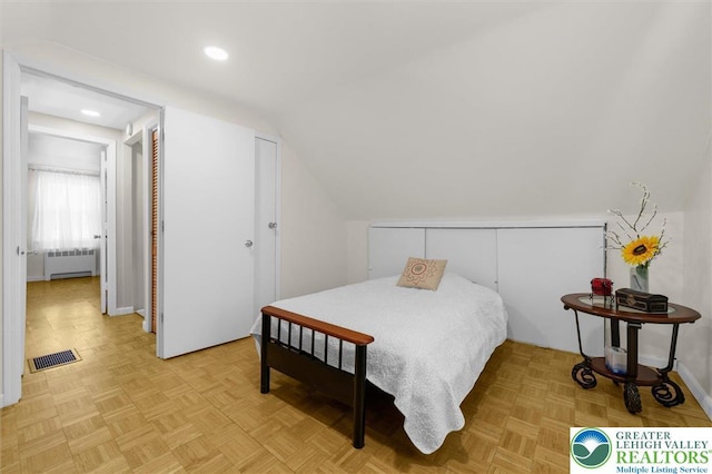 3079 Eldridge Ave, Palmer Twp, PA 18045 - bedroom featuring radiator heating unit, recessed lighting, vaulted ceiling, and baseboards