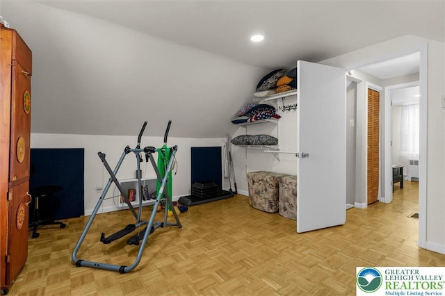 3079 Eldridge Ave, Palmer Twp, PA 18045 - workout room featuring baseboards, lofted ceiling, radiator heating unit, and recessed lighting