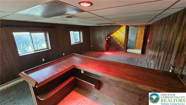 1426 Church St, Fountain Hill Boro, PA 18015 - below grade area with wood walls, carpet, stairs, and a paneled ceiling