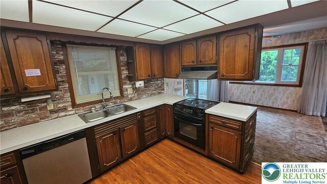 1426 Church St, Fountain Hill Boro, PA 18015 - kitchen featuring black / electric stove, stainless steel dishwasher, a sink, light countertops, and range hood