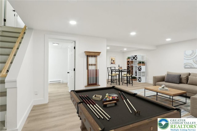624 E 8th St, Northampton Borough, PA 18067 - playroom featuring a baseboard heating unit, light wood-style flooring, recessed lighting, pool table, and baseboards